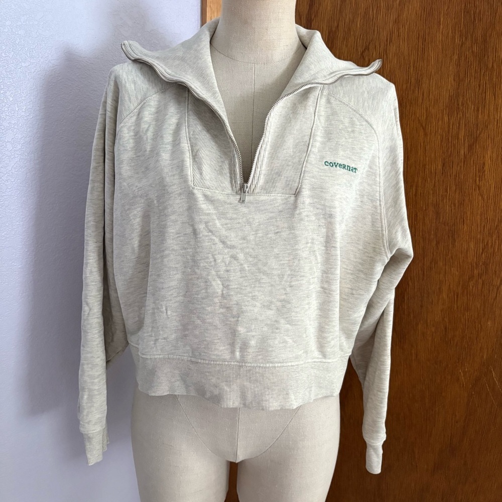 COVERNAT sz M Half Zip Cream Off White Logo Fleece Sweatshirt Korea